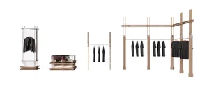 Clothing organizer system featuring wooden bars for hanging garments