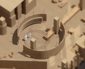 A modern interior design featuring a wooden circular structure with two human figures inside.