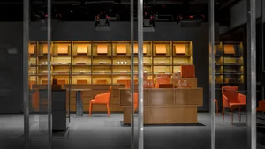 Modern retail showroom featuring a combination of wood and glass materials.