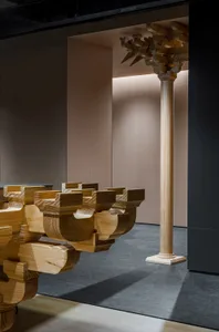 The image showcases wooden restaurant furniture with intricate carvings and a modern design.