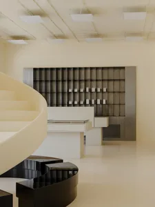 Modern retail shop interior with minimalist design elements and a white color palette.