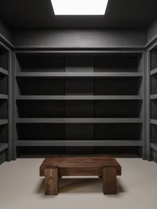 Modern dark wooden shelves with a minimalist design.