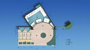 Floor plan of a commercial interior with mixed materials.