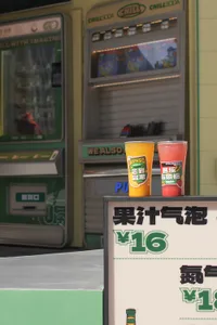 Modern, sleek, and shiny plastic cups with colorful drinks placed on top of a modern retail drink vending machine with glass