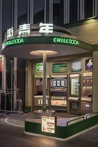 現代零售店面搭配金屬遮陽棚與發光招牌。