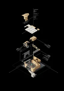 Isometric view of a Coast Mountain Stack project, showcasing an interior space with stacked wood elements and a walkway made 