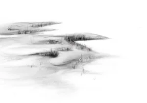 Monochrome sketch of a desert landscape with sand dunes, grass, and water.