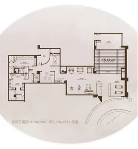 A detailed floor plan of a Fusion Fitness office interior, depicted on paper.