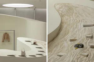 A minimalist interior space featuring sandstone and marble materials.