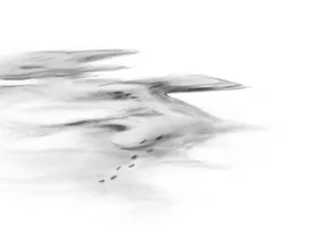 A minimalist graphic design featuring abstract shapes and soft gradients representing a landscape.