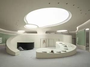 A modern commercial space featuring light concrete walls and a unique circular ceiling with skylights.