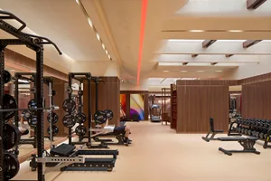 A spacious modern gym with steel equipment and wooden accents