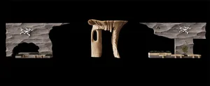Carved wooden sculptures displayed in a modern landscape setting.