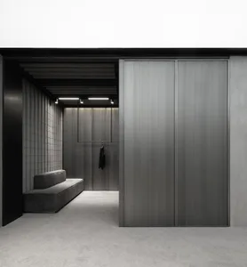 Modern minimalist residential closet featuring metallic panels and sleek design