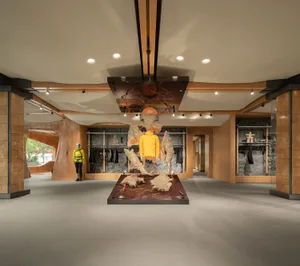 Modern retail storefront featuring wooden elements and minimalist design.