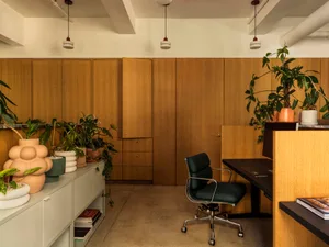 A modern office space featuring wood panels, concrete floors, and potted plants.