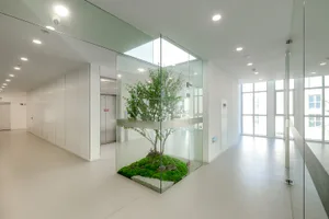 A modern, industrial corporate entryway featuring a glass-enclosed green tree.