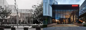 A contemporary commercial center showcasing glass and metal materials.