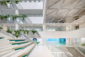 A modern hospitality interior with a mix of metal and other materials.