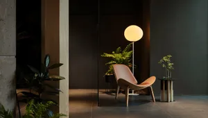 Modern interior design featuring a wooden chair, floor lamp, and plants in a living space.