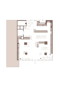 Modern living room with open concept layout, featuring minimalist furniture and large windows.
