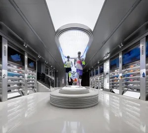 A minimalist retail space featuring polished concrete flooring and glass elements.