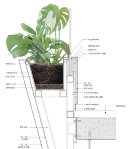 Detailed architectural diagram of a modern indoor plant wall, featuring materials, construction methods, and design elements.