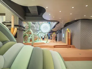 Play area with colorful play structures made of polystyrene