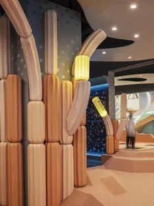 Playground structure made of wood with light-up elements.