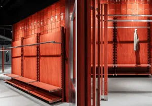 Modern retail space featuring minimalist interior design with wood and metal materials, showcasing clean lines and functional