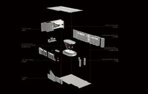 A modern retail store concept featuring a lighting installation, product launch area, elevator lobby, sports shoes display wa
