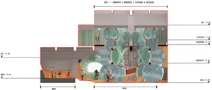 Sectional view of a playground interior featuring glass elements and metallic structures.