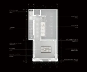 Modern commercial floor plan featuring a retail store layout with a display window, fitting room, and storage areas.