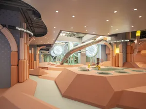 An indoor playground with plastic structures for children
