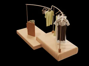 A clothing rack made of wood with clothes hanging on it