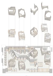 2D architectural drawing of a modern office interior showcasing contemporary furniture design.