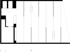 A 2D architectural drawing showing a modern office layout with white furniture.