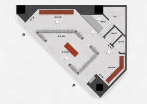 A 2D architectural drawing of a retail shop featuring concrete, wood, metal, and glass materials.