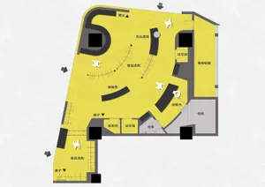 A detailed floor plan of a retail space showing various functional zones such as a试衣间 (fashion rooms), 海报橱窗 (poster window), 