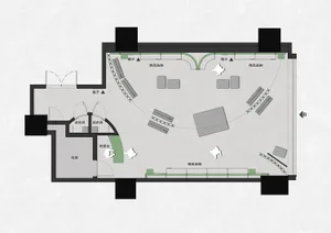 Top-down view of a retail store layout with fabric, furniture, and concrete elements.