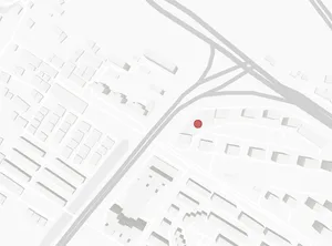 都市開發配置的 3D 渲染圖，紅色標記指出特定位置。