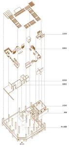 A 2D architectural drawing of a wooden commercial space, including detailed planning and functional zones.