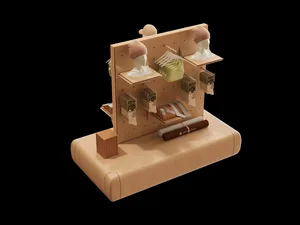 A wooden retail display featuring product racks and mannequins.