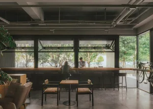 A modern cafe bar with a wooden bar and chairs, large windows, and greenery outside.