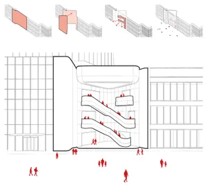 Detailed architectural drawing of a modern office interior featuring metal and glass materials.