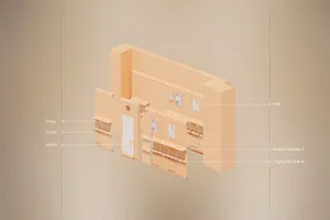 3D rendering of a retail storefront with wooden paneling