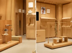 Modern clothing store with wooden interiors and minimalist design