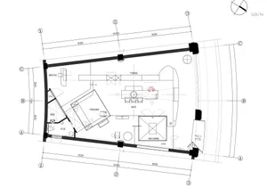 Floor plan of an office space with various functional zones and dimensions indicated.