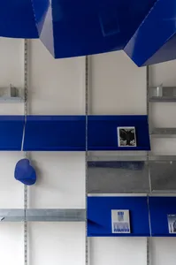 Modern interior design featuring blue metal panels with shelving