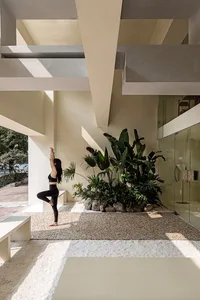 A minimalist living room with concrete walls, plants, and geometric design elements.